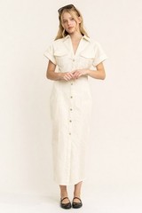 Women&rsquo;s Ivory Button Front Utility Midi Shirt Dress Collared Short Sleeve Casual