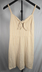 Striped Beige Cream Sundress Cotton Linen Sz M Babydoll Coastal Neutral Beachy
