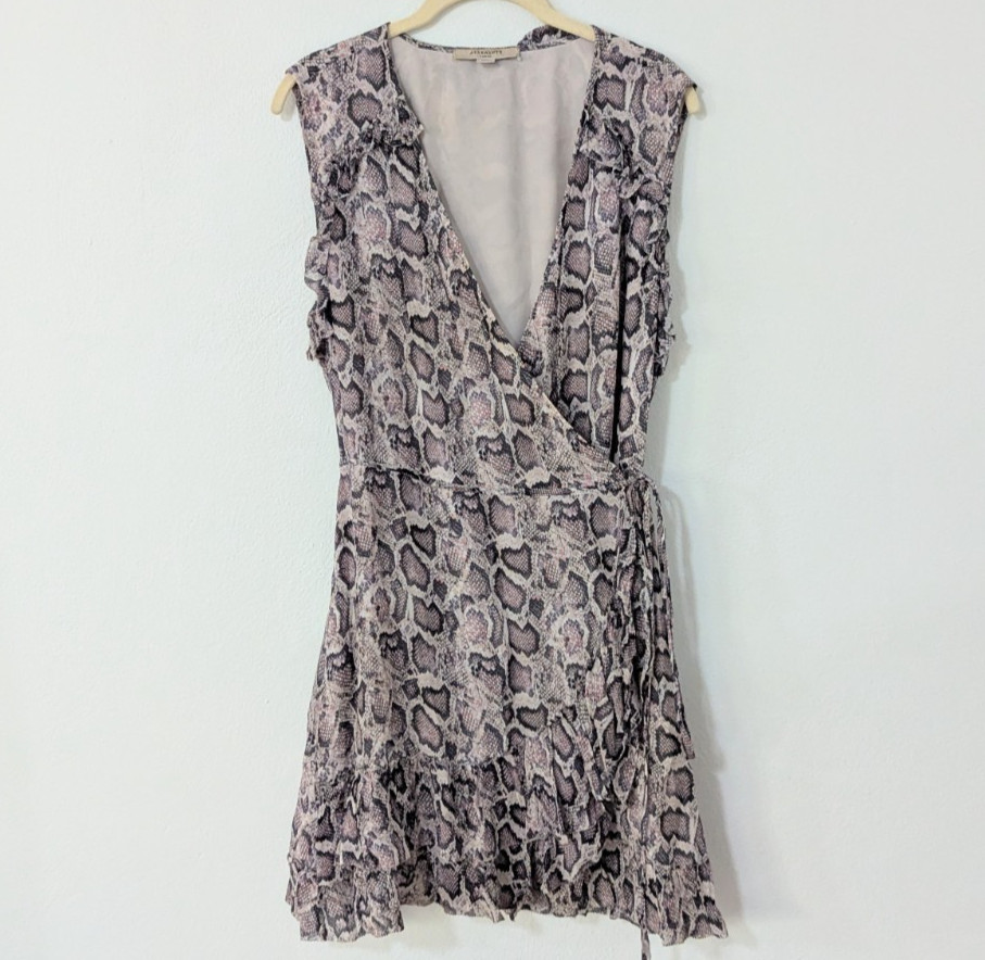 Allsaints Priya Snake Print Ruffle Pring Wrap Mini Dress Sleeveless Beige Large
