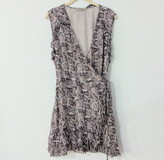 Allsaints Priya Snake Print Ruffle Pring Wrap Mini Dress Sleeveless Beige Large