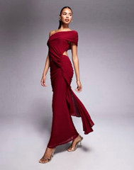 ASOS DESIGN Burgundy Solid Off Shoulder Cut Out Long Gown Dress US 10