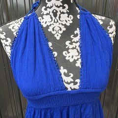 Forever 21 Women’s Blue S Maxi Dress V-Neck Halter Smocked Backless Tassel