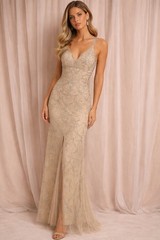 Aidan Mattox Biscotti Mesh Beaded Gown, V-Neck, Strappy, Zip, Size 12