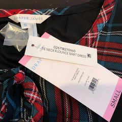 Draper James black red green plaid tie neck flounce shift dress size Small NWT