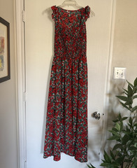 Women&rsquo;s Red Floral Maxi Dress M Square Neck Smocked Ruffle Cap Sleeve Long