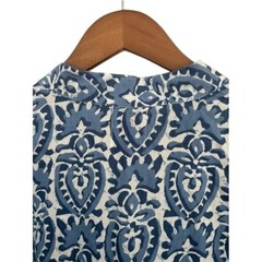 RAGA Blue White Block Print Midi Dress R5086 Long Balloon Sleeve Split Neck S