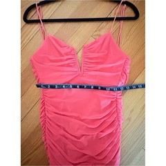 Saints + Secrets Coral Ruched Bodycon Mini Dress Sweetheart V-Neck