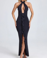 Oh Polly Apolline Halter neck Ruffle-Trim Gown Black Size US Sz 0 NWT Long Dress