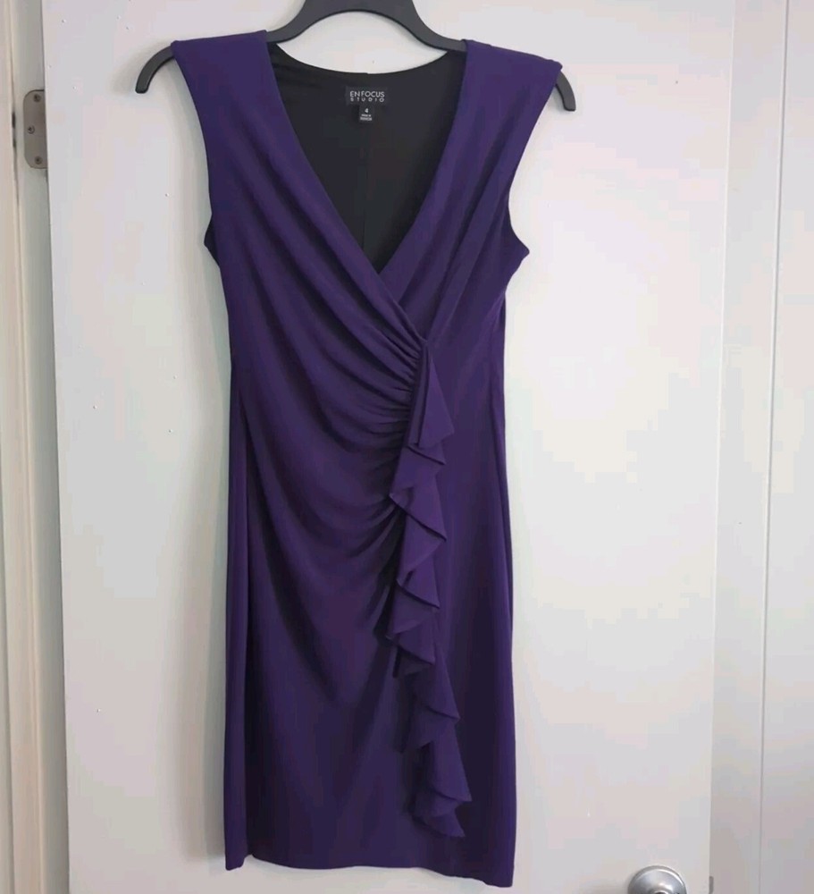 Enfocus Studios Purple Solid Sleeveless Lined Slimming Ocassion DRESS Size 4