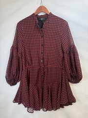 VICI Plaid Peplum Dress Red Black Check Small Sheer Balloon Sleeve Tie Front