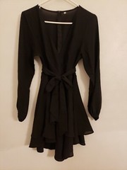 Cosonsen Women&rsquo;s Dress Deep V-Neck Long Sleeve Waist Tie Ruffle Mini Swing sizeM