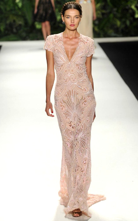 Naeem Khan Spring 2014 Runway Pink Tulle Bead Embroidered Long Dress Gown US 4