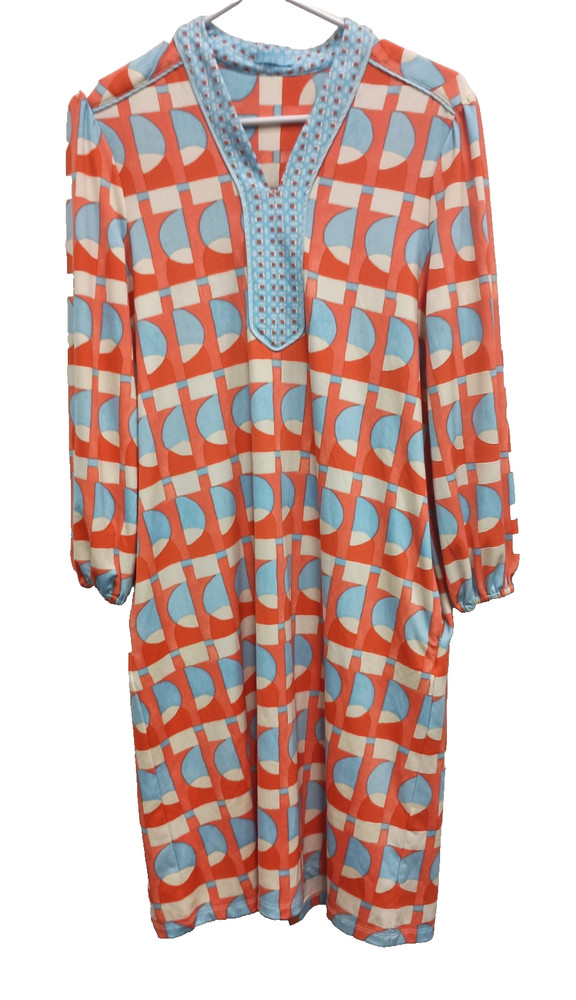 J. McLaughin Womens Midi Dress Small Orange Abstract Catalina Cloth 3/4 Sleeve