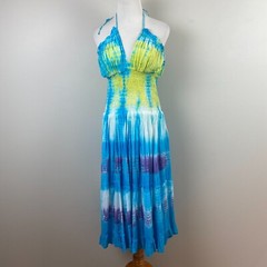 Blue Ocean Midi Dress OS Tie Dye Halter V-Neck Smocked A-Line Summer Boho Hippie