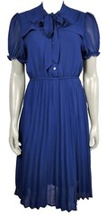 Chiffon Retro Pleated Dress Womens Medium Blue Button Down Bow Tie Vintage Look