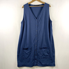 Womens Linen Blend Button Front Shift Dress XL Blue Coastal Minimalist Pockets
