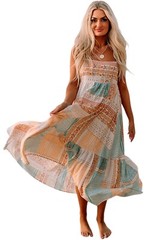 Multicolor Boho Patchwork Print Square Neck Sundress New S, M, L
