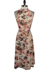 ANNE KLEIN Size 8 A-Line Dress Brown Beige Orange Floral Sleeveless Midi