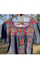 Mexican Handmade Embroidered Chambray Dress Size M