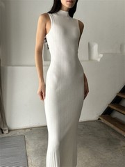 Women Ribbed Knit Maxi Dress High Neck Sleeveless Bodycon Long Dress Summer Fall