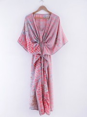 Vintage Crepe Silk Kaftan Dress Boho Kimono Tunic Loungewear Resort Wear Maxi
