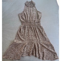 Maurices S Smocked Waist Mock Neck Halter Mini Dress Brown ZigZag Print