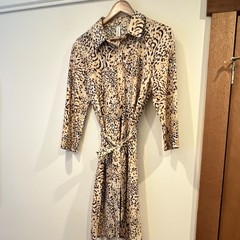 Tacera Size M Beige/Black/Brown Leopard Shirt Dress Belted Button 3/4 Sleeve