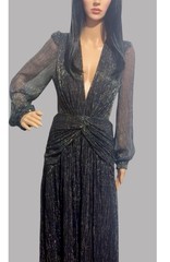 Black Metallic Chiffon Maxi Gown V-Neck Long Balloon Sleeve Sheer Cut Out