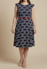 Shelby & Palmer Retro Mod Belted Dress Size 14 Navy Geometric Mad Men Midi Dress