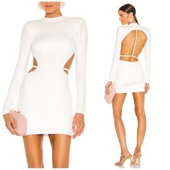 Revolve Michael Costello Zola Mini Dresz, Open Back, Long Sleeve, High Neck, L