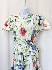 Vintage 1980s Halmode Plus Cotton White Floral Print Peplum waist sash belt 16W