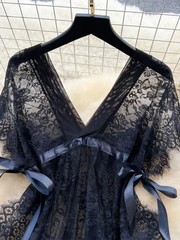 Fashion Lace Mesh Sensual Comfortable Mini Dress Women V Neck Lace-up Black