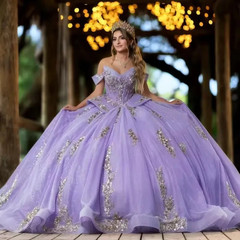 Lilac Off Shoulder Ruffle Train Glitter Quinceanera Gown Sweet 16 Dress