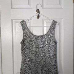 R&M Richards Silver Sequined Midi Bodycon Sleeveless Formal Shift Dress Size 12