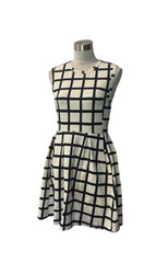Navy & off white Kersh windowpane checked knit fit and flare dress pockets S