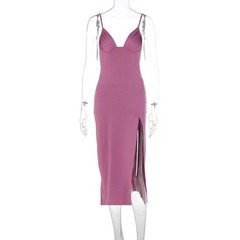 Spaghetti Strap Dress With Split Design Deep V-neck Sleeveless Backless Bodycon