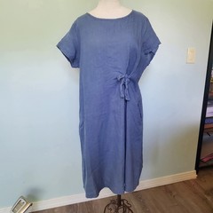 Cut Loose XL Side Tie Midi Dress 100% Linen Blue Lagenlook Boho Minimalist