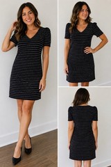 LOFT Petite XS Black White Dot Shift Dress Short Sleeve V Neck Padded Shoulder