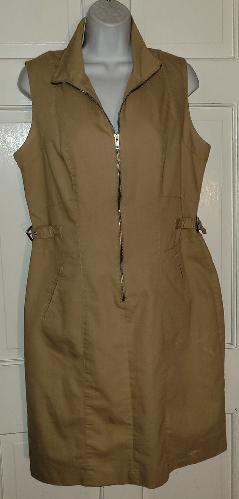 SHARAGANO camel Khaki Tan Stretch Cotton Zip Front Buckle Sides Shirt Dress 12