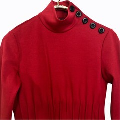 Barry Pace Dress Size 8 Tomato Red Stretch Sheath Pleated Waist Button Neck