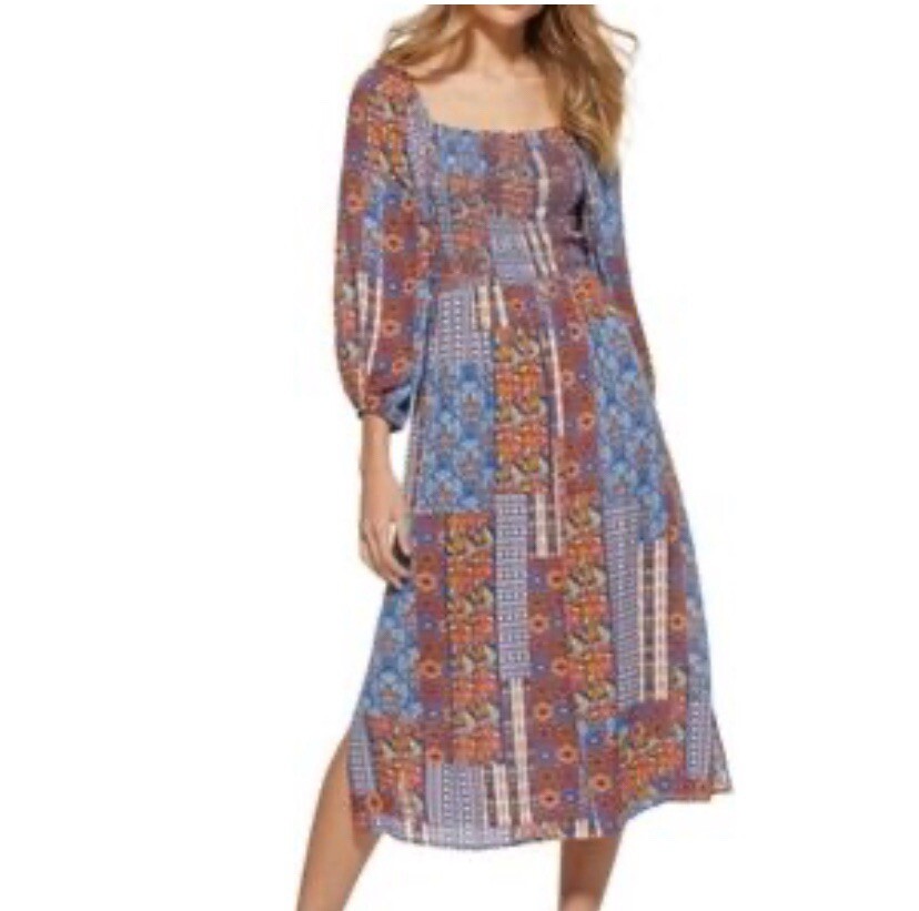 SCOOP NYC Patchwork Pattern Boho Smocked Dress 3/4 Sleeves Womens Size 0 – 2 XS
