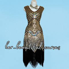 LADIES SEQUINED BEADED 20s GATSBY STYLE FLAPPER PARTY DRESS SIZE L fits 12/14