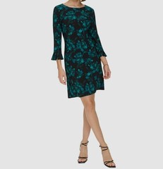 Tommy Hilfiger Women&rsquo;s Green Floral Ruffled-Cuff 3/4-Sleeve Mini Dress Size 4