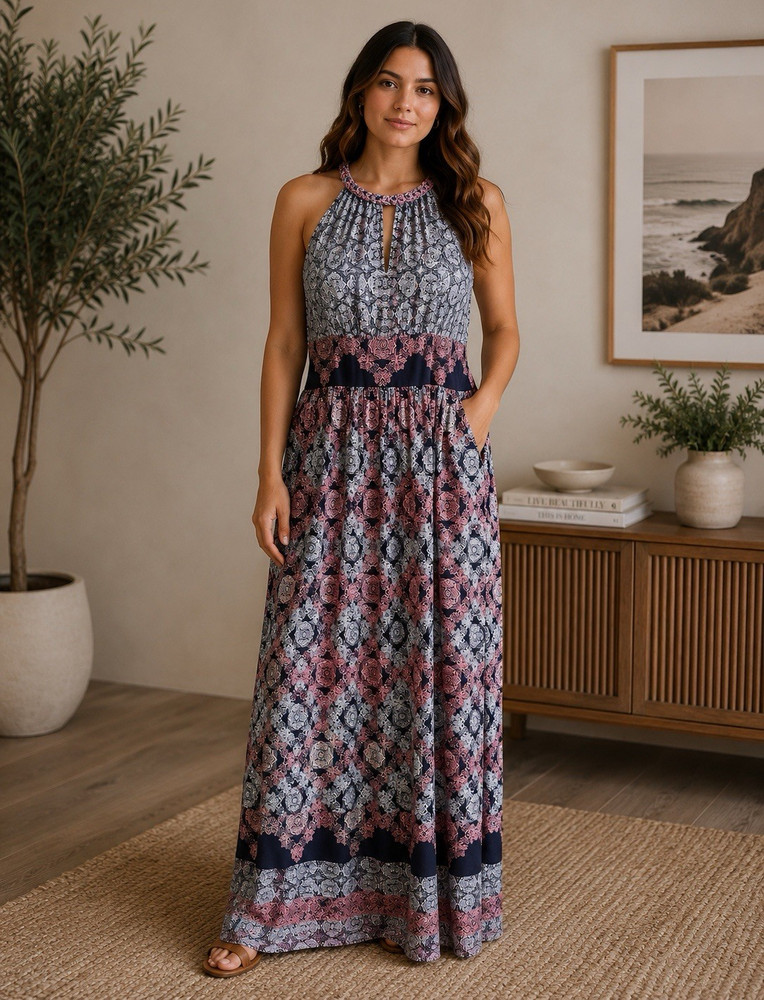 Wisp Blue Pink White Geometric Halter Sleeveless Maxi Dress Rayon Size 4