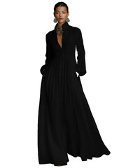 MODESEES Black Cotton/Linen Patchwork Dress w/ Stand-up Collar & Long Sleeves -M