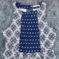Rewind Fit Flare Dress Womens L Navy Blue Keyhole Back Boho Preppy Mediterranean