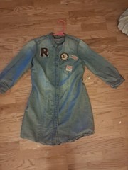 Women&rsquo;s Blue Denim Shirt Dress Button Front Band Collar 3/4 Sleeve Short M