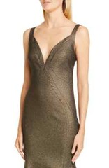 ZAC POSEN Black Gold Metallic Knit Plunge V-Neck Trumpet Mermaid Maxi Gown 14 US
