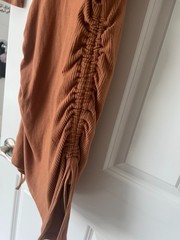 XS Petite Anthropologie Emily Ruched Midi Dress in light camel