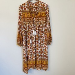 R.Vivimos Boho Floral Maxi Dress XL Orange Yellow Tassel Long Sleeve Flowy Gypsy